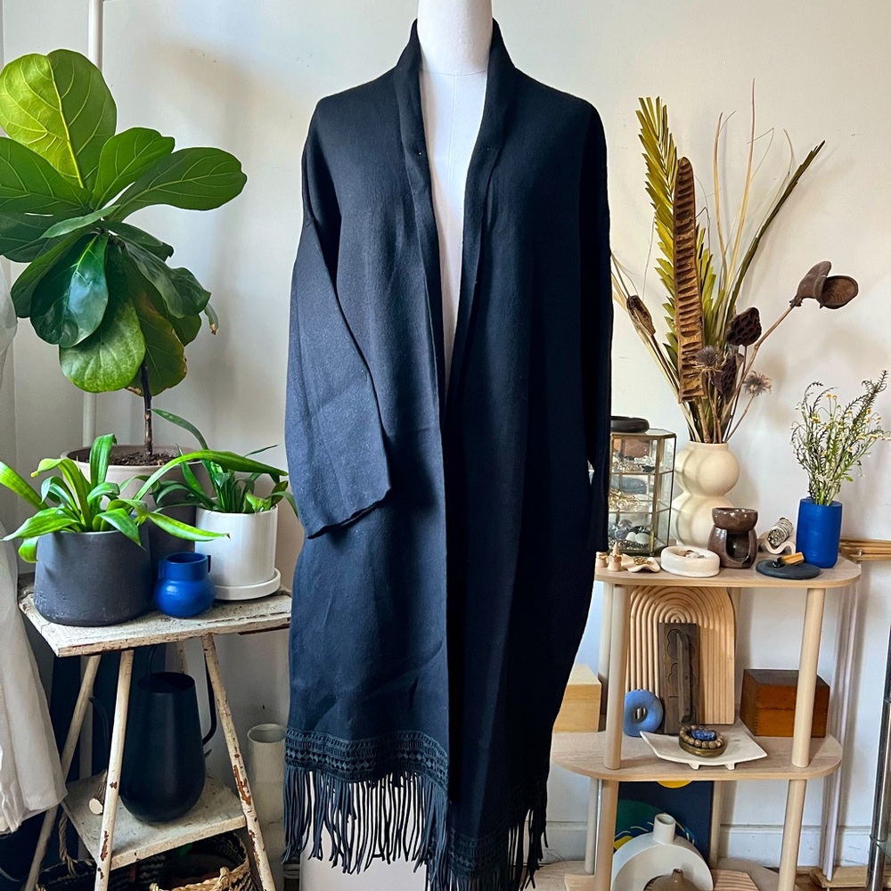 Zara | Jackets & Coats | Black Kimono With Thick Fringe